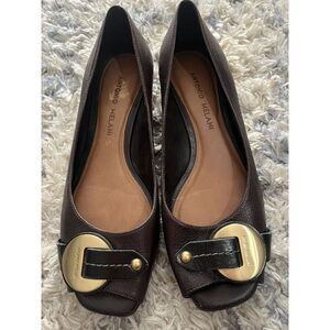 Antonio Melani Womens 6.5 M Brown Pebbeled Leather Buckled Open Toe Loafers